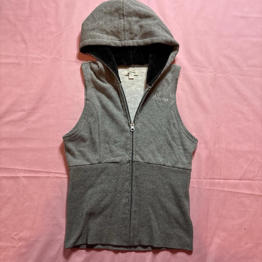Vintage Guess Hooded cropped Vest with fur lined hood